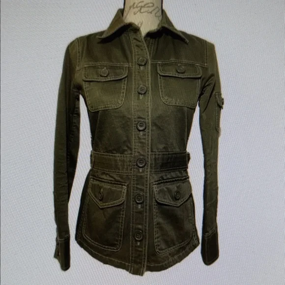 Women Utility Field Safari Cotton Olive Cinched Waist military Jacket Med - Picture 16 of 16